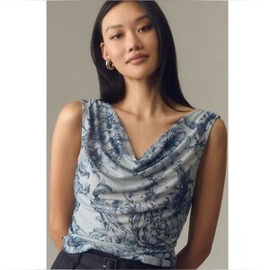 By Anthropoloigie The Sloane Cowl-Neck Tank Mesh Drape Floral Blue 90s